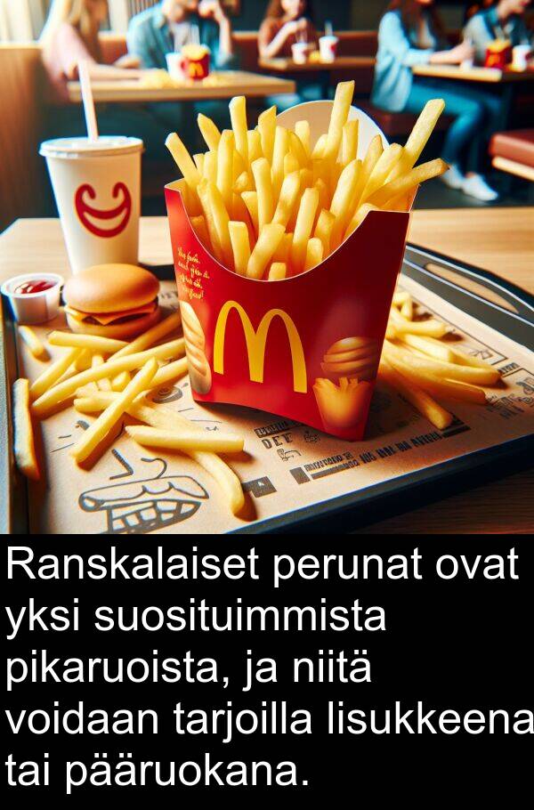 suosituimmista: Ranskalaiset perunat ovat yksi suosituimmista pikaruoista, ja niitä voidaan tarjoilla lisukkeena tai pääruokana.