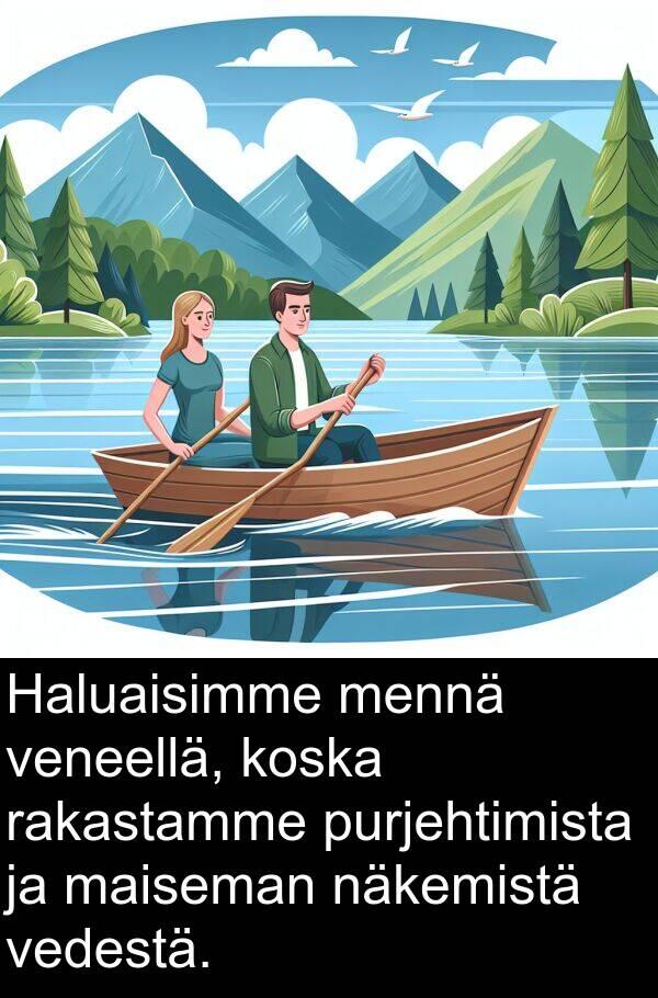 vedestä: Haluaisimme mennä veneellä, koska rakastamme purjehtimista ja maiseman näkemistä vedestä.
