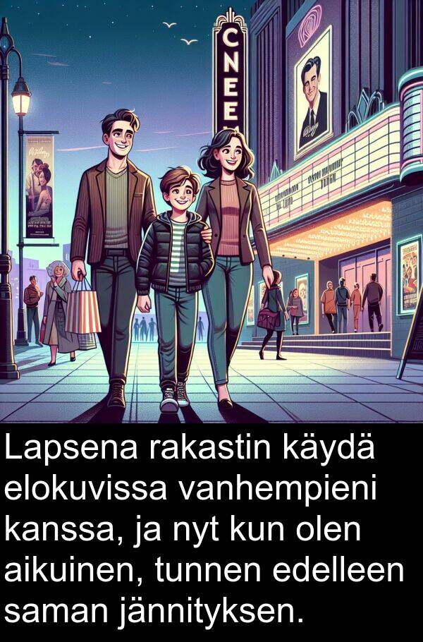 olen: Lapsena rakastin käydä elokuvissa vanhempieni kanssa, ja nyt kun olen aikuinen, tunnen edelleen saman jännityksen.
