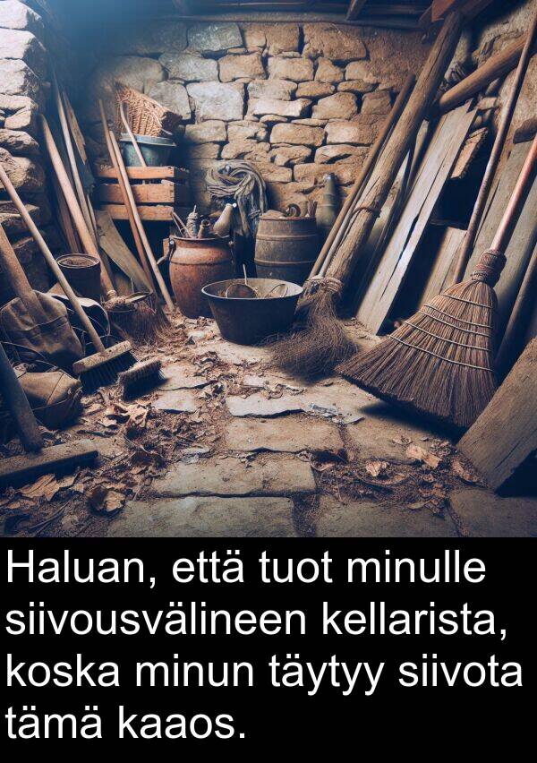 siivota: Haluan, että tuot minulle siivousvälineen kellarista, koska minun täytyy siivota tämä kaaos.
