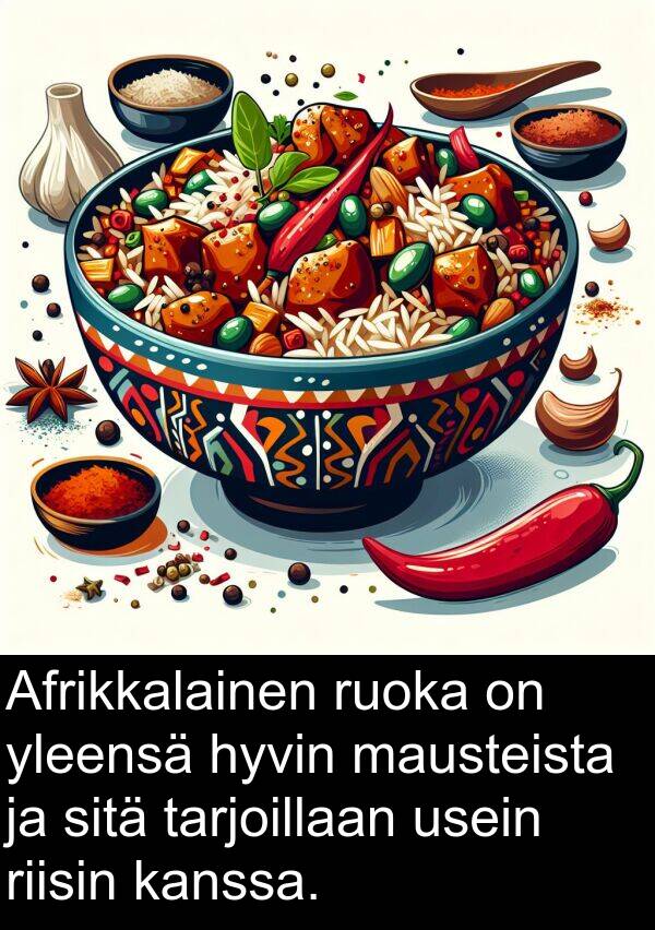 mausteista: Afrikkalainen ruoka on yleensä hyvin mausteista ja sitä tarjoillaan usein riisin kanssa.