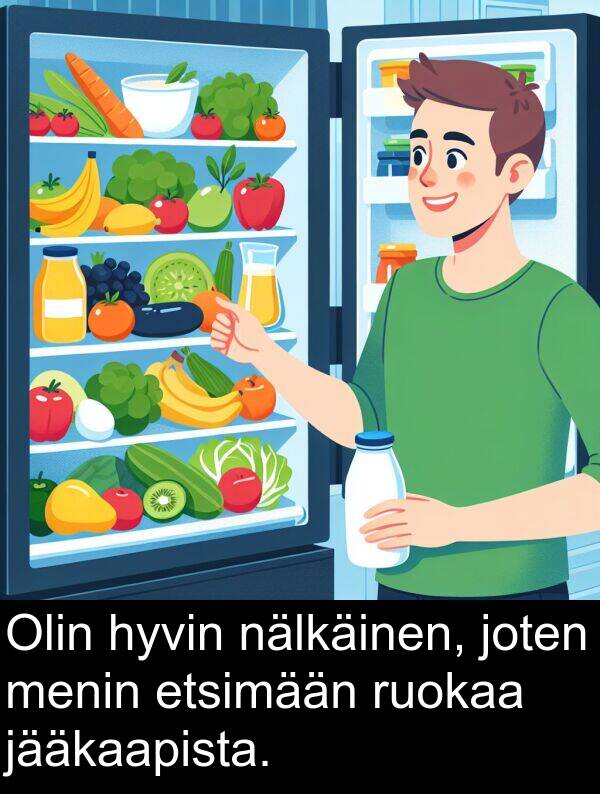 menin: Olin hyvin nälkäinen, joten menin etsimään ruokaa jääkaapista.