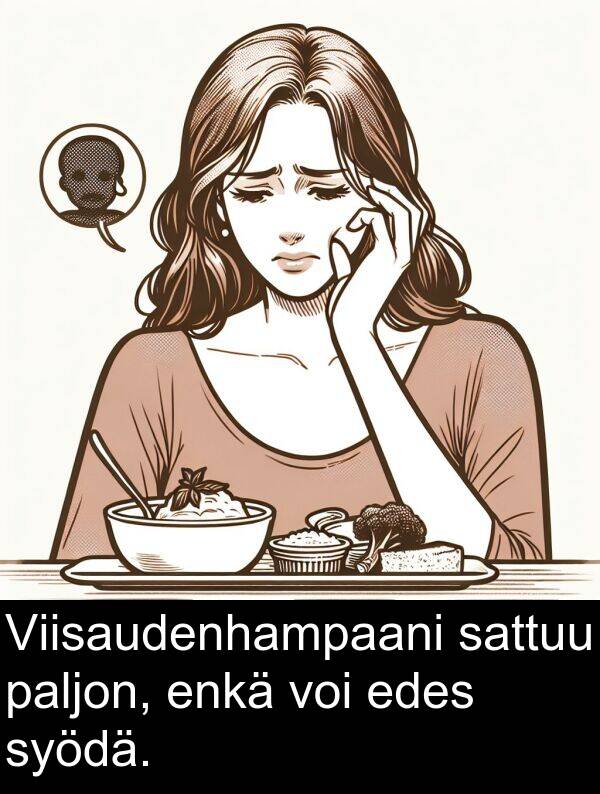 syödä: Viisaudenhampaani sattuu paljon, enkä voi edes syödä.
