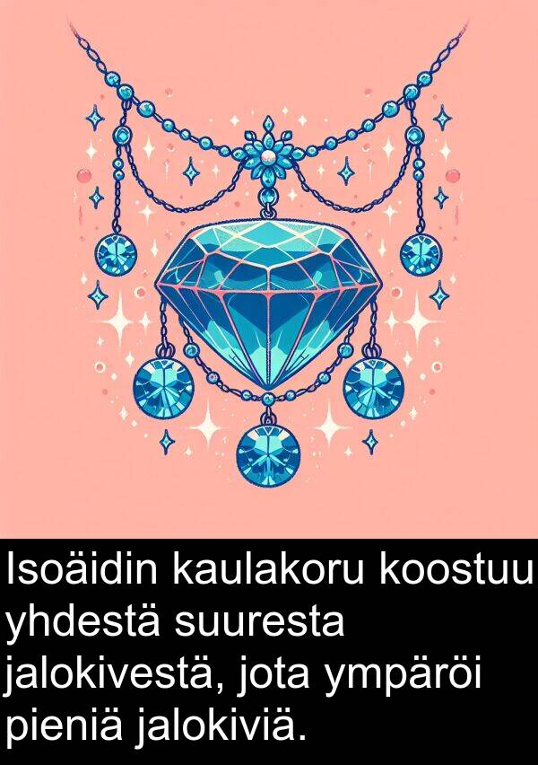 suuresta: Isoäidin kaulakoru koostuu yhdestä suuresta jalokivestä, jota ympäröi pieniä jalokiviä.
