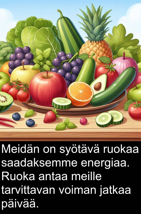 syötävä: Meidän on syötävä ruokaa saadaksemme energiaa. Ruoka antaa meille tarvittavan voiman jatkaa päivää.