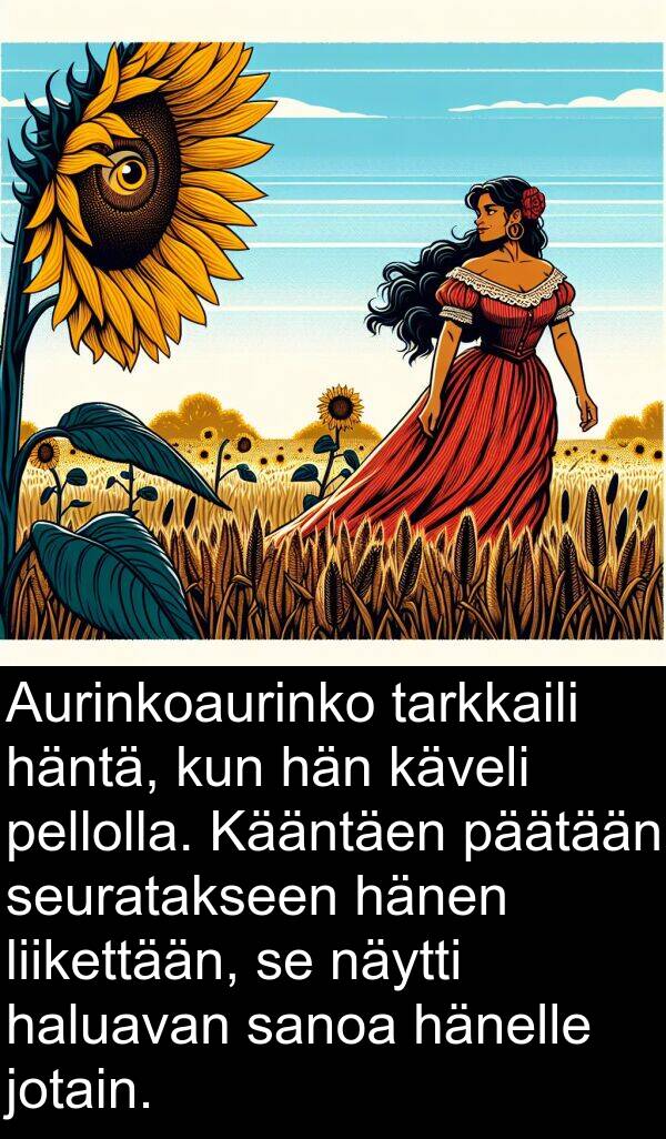 jotain: Aurinkoaurinko tarkkaili häntä, kun hän käveli pellolla. Kääntäen päätään seuratakseen hänen liikettään, se näytti haluavan sanoa hänelle jotain.