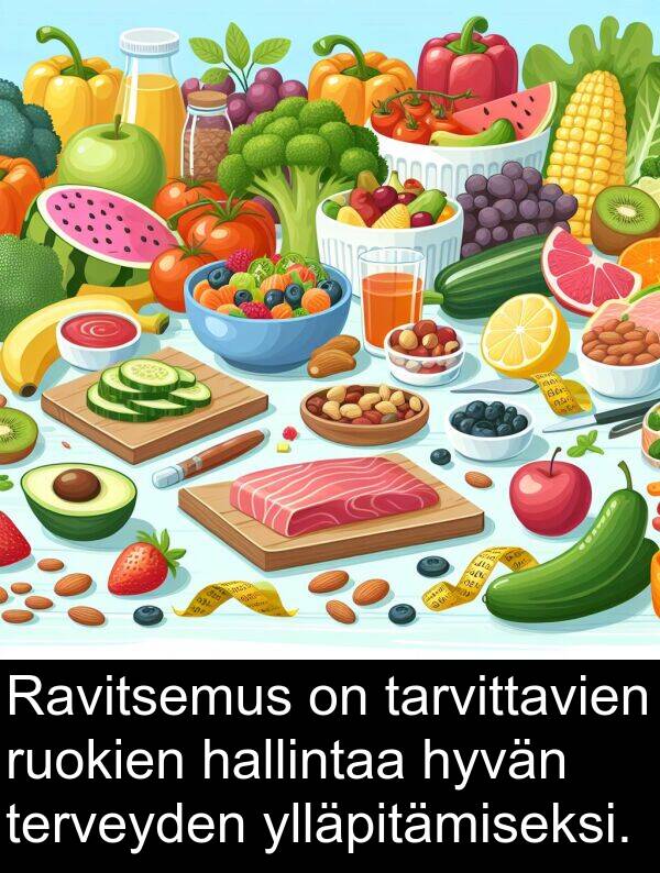 hyvän: Ravitsemus on tarvittavien ruokien hallintaa hyvän terveyden ylläpitämiseksi.