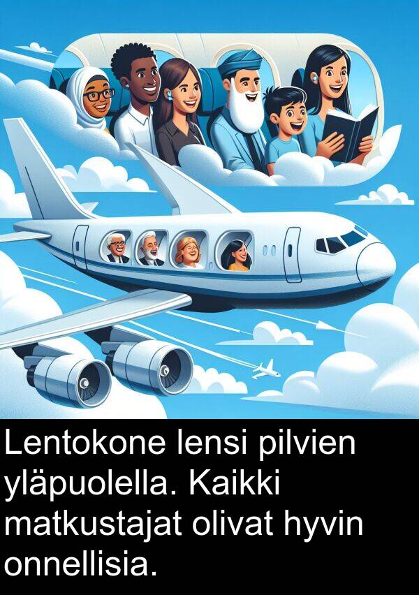 matkustajat: Lentokone lensi pilvien yläpuolella. Kaikki matkustajat olivat hyvin onnellisia.