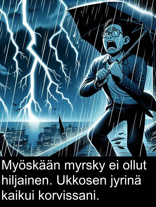 ollut: Myöskään myrsky ei ollut hiljainen. Ukkosen jyrinä kaikui korvissani.