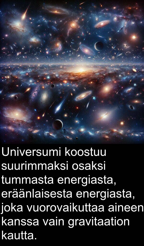 eräänlaisesta: Universumi koostuu suurimmaksi osaksi tummasta energiasta, eräänlaisesta energiasta, joka vuorovaikuttaa aineen kanssa vain gravitaation kautta.