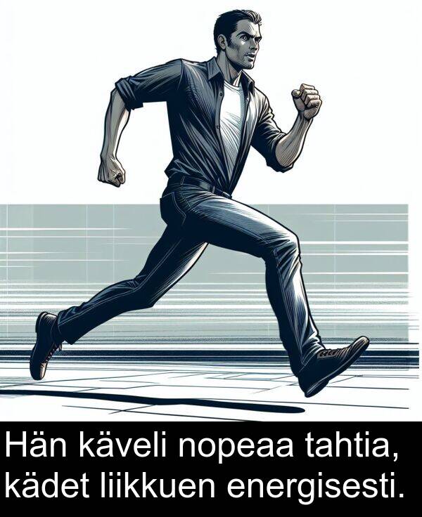 käveli: Hän käveli nopeaa tahtia, kädet liikkuen energisesti.