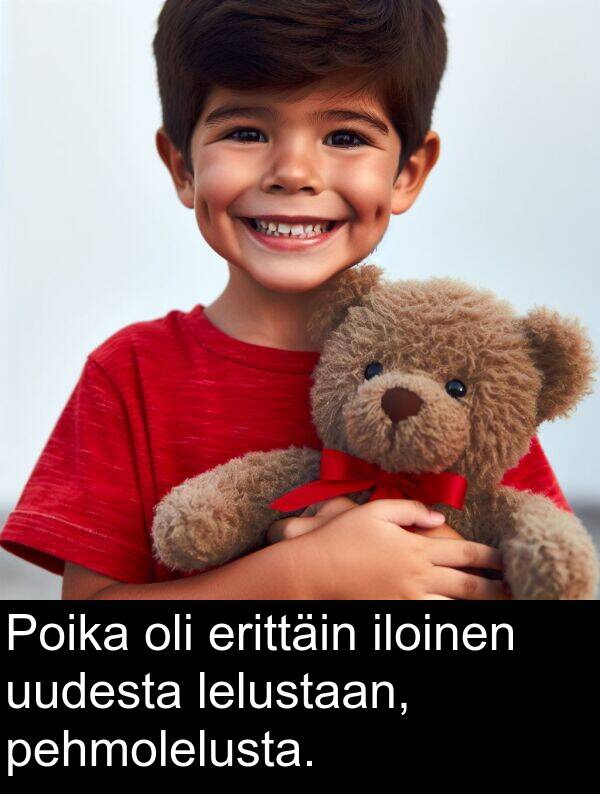 lelustaan: Poika oli erittäin iloinen uudesta lelustaan, pehmolelusta.