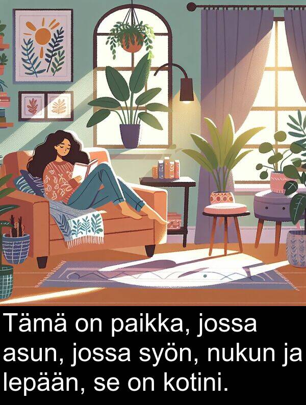 syön: Tämä on paikka, jossa asun, jossa syön, nukun ja lepään, se on kotini.