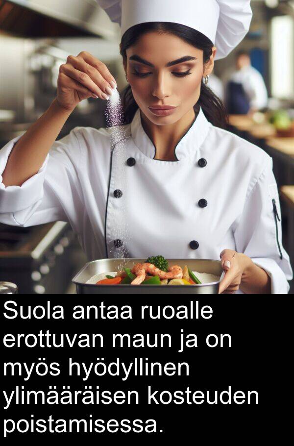 ylimääräisen: Suola antaa ruoalle erottuvan maun ja on myös hyödyllinen ylimääräisen kosteuden poistamisessa.