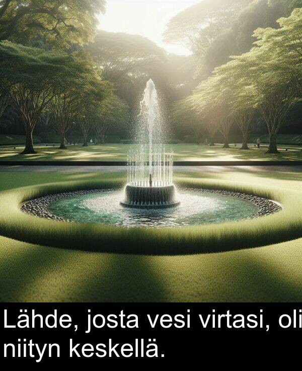 vesi: Lähde, josta vesi virtasi, oli niityn keskellä.
