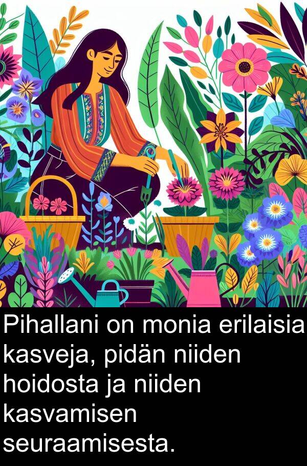 seuraamisesta: Pihallani on monia erilaisia kasveja, pidän niiden hoidosta ja niiden kasvamisen seuraamisesta.