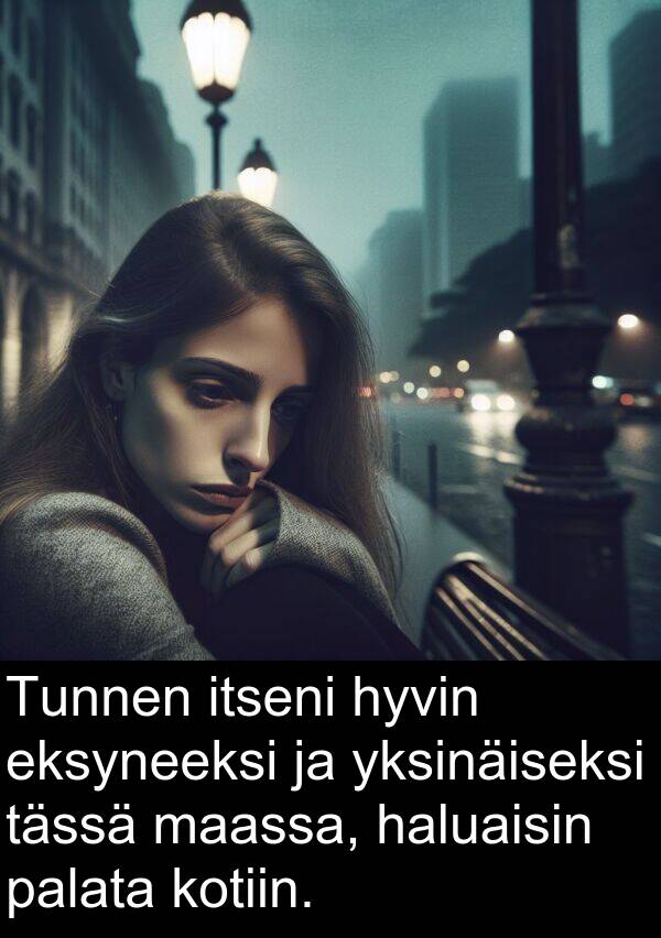 yksinäiseksi: Tunnen itseni hyvin eksyneeksi ja yksinäiseksi tässä maassa, haluaisin palata kotiin.