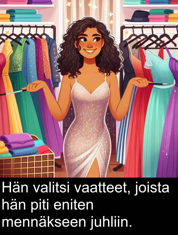 vaatteet: Hän valitsi vaatteet, joista hän piti eniten mennäkseen juhliin.