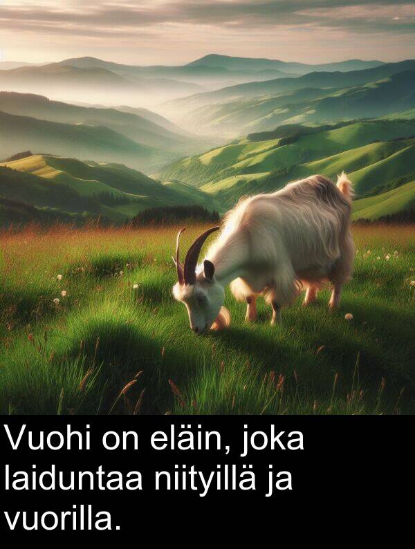 joka: Vuohi on eläin, joka laiduntaa niityillä ja vuorilla.