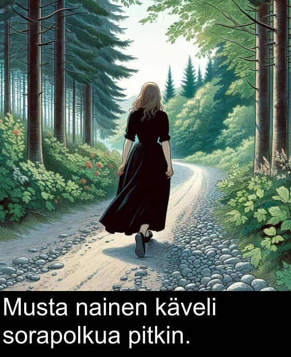 sorapolkua: Musta nainen käveli sorapolkua pitkin.