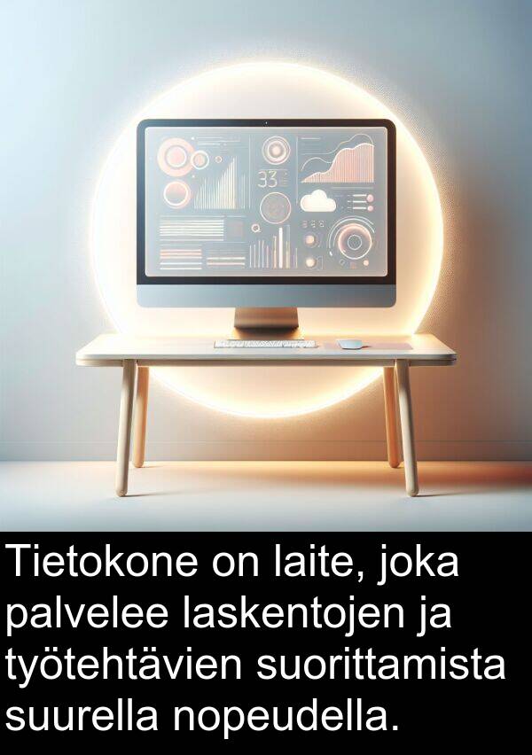 suorittamista: Tietokone on laite, joka palvelee laskentojen ja työtehtävien suorittamista suurella nopeudella.