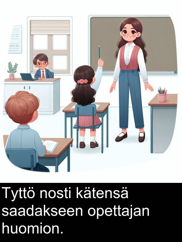 opettajan: Tyttö nosti kätensä saadakseen opettajan huomion.