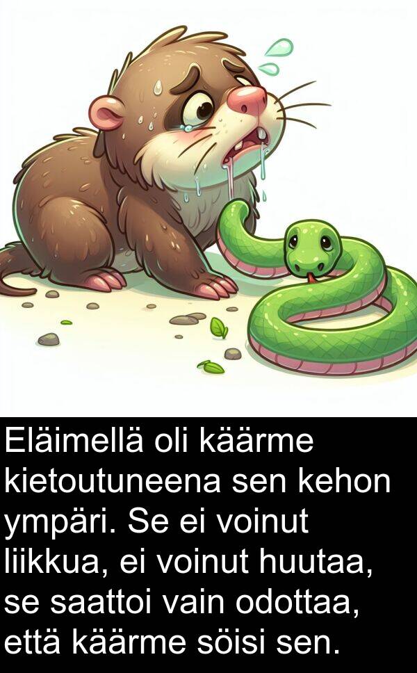 saattoi: Eläimellä oli käärme kietoutuneena sen kehon ympäri. Se ei voinut liikkua, ei voinut huutaa, se saattoi vain odottaa, että käärme söisi sen.