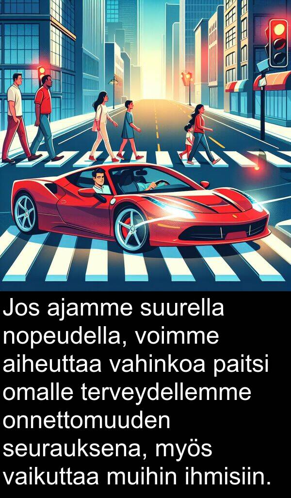 ajamme: Jos ajamme suurella nopeudella, voimme aiheuttaa vahinkoa paitsi omalle terveydellemme onnettomuuden seurauksena, myös vaikuttaa muihin ihmisiin.