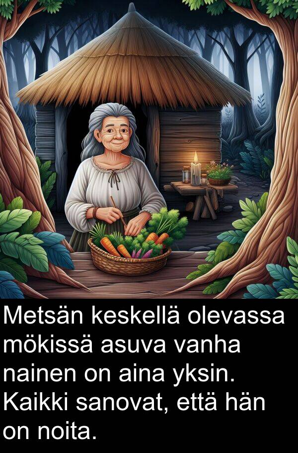 sanovat: Metsän keskellä olevassa mökissä asuva vanha nainen on aina yksin. Kaikki sanovat, että hän on noita.