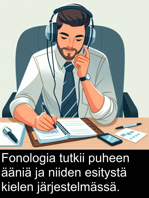 ääniä: Fonologia tutkii puheen ääniä ja niiden esitystä kielen järjestelmässä.
