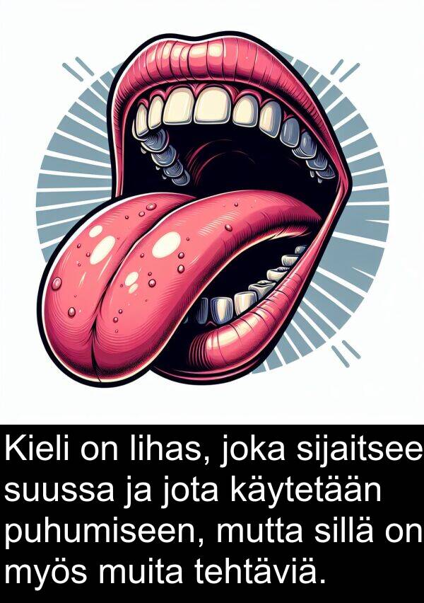 sillä: Kieli on lihas, joka sijaitsee suussa ja jota käytetään puhumiseen, mutta sillä on myös muita tehtäviä.