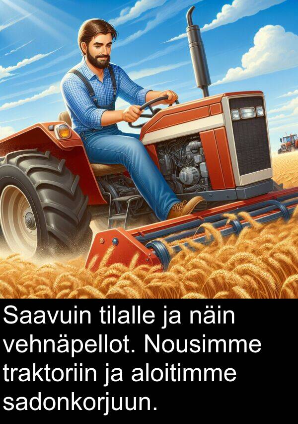 sadonkorjuun: Saavuin tilalle ja näin vehnäpellot. Nousimme traktoriin ja aloitimme sadonkorjuun.