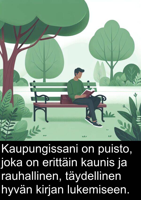 rauhallinen: Kaupungissani on puisto, joka on erittäin kaunis ja rauhallinen, täydellinen hyvän kirjan lukemiseen.
