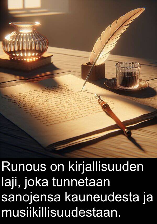 sanojensa: Runous on kirjallisuuden laji, joka tunnetaan sanojensa kauneudesta ja musiikillisuudestaan.