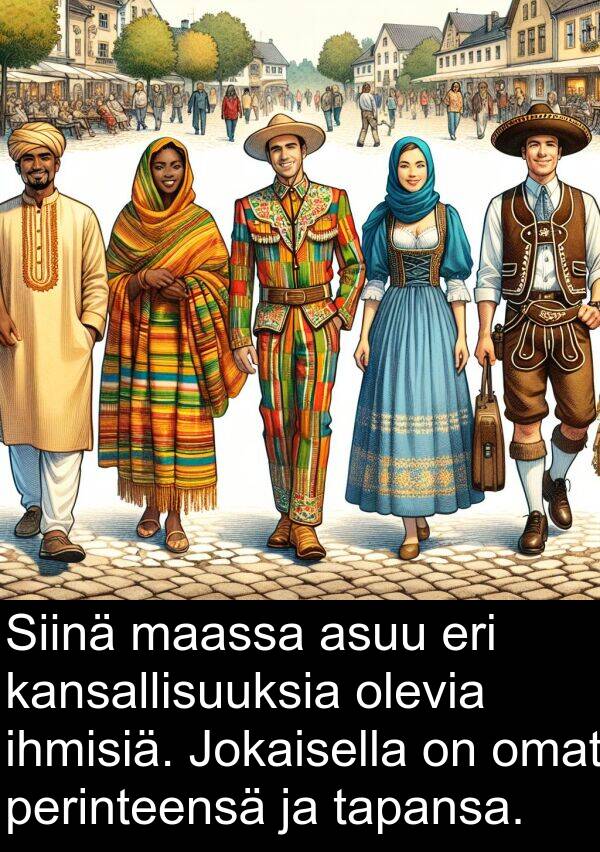 olevia: Siinä maassa asuu eri kansallisuuksia olevia ihmisiä. Jokaisella on omat perinteensä ja tapansa.