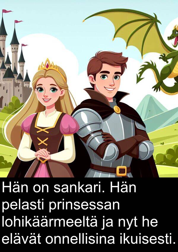 sankari: Hän on sankari. Hän pelasti prinsessan lohikäärmeeltä ja nyt he elävät onnellisina ikuisesti.