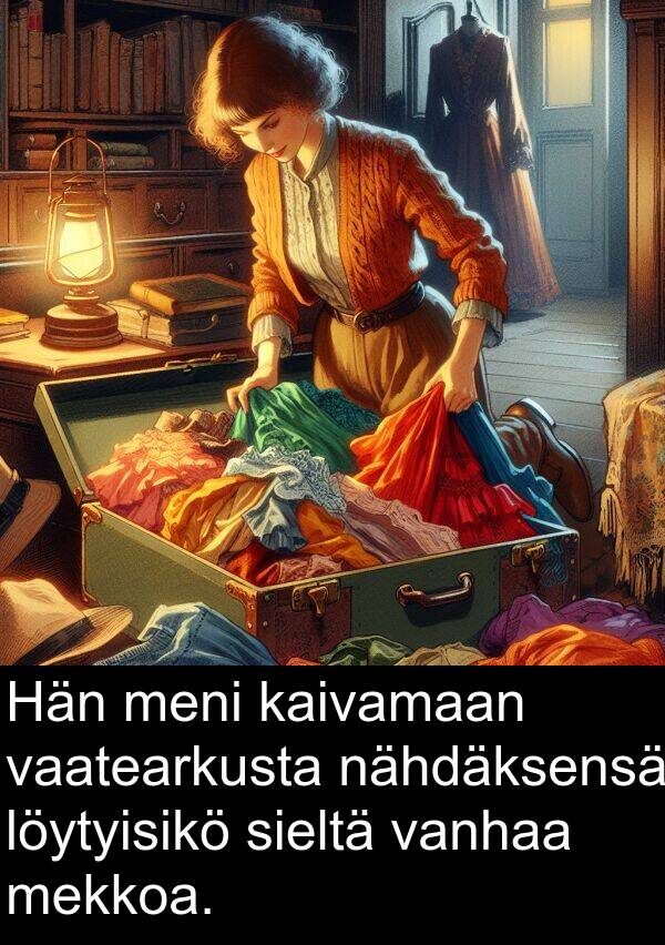sieltä: Hän meni kaivamaan vaatearkusta nähdäksensä löytyisikö sieltä vanhaa mekkoa.
