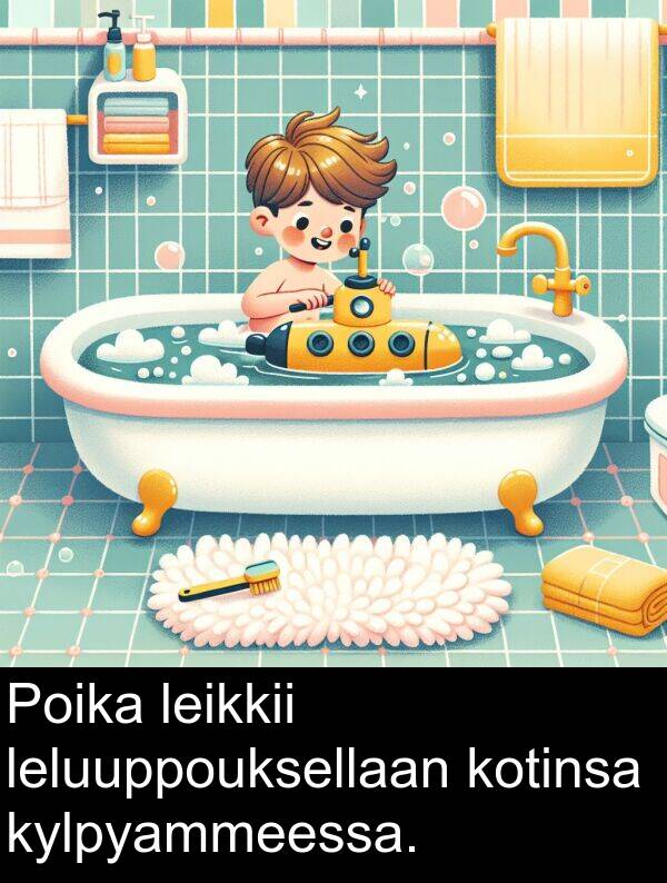 leikkii: Poika leikkii leluuppouksellaan kotinsa kylpyammeessa.