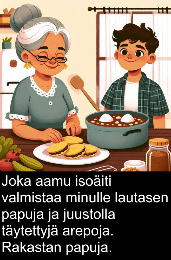 aamu: Joka aamu isoäiti valmistaa minulle lautasen papuja ja juustolla täytettyjä arepoja. Rakastan papuja.