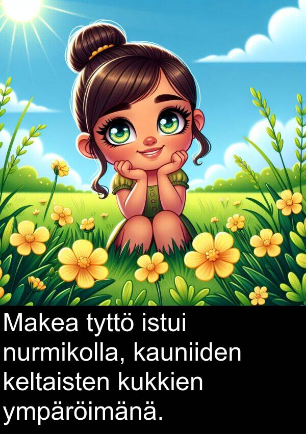 nurmikolla: Makea tyttö istui nurmikolla, kauniiden keltaisten kukkien ympäröimänä.