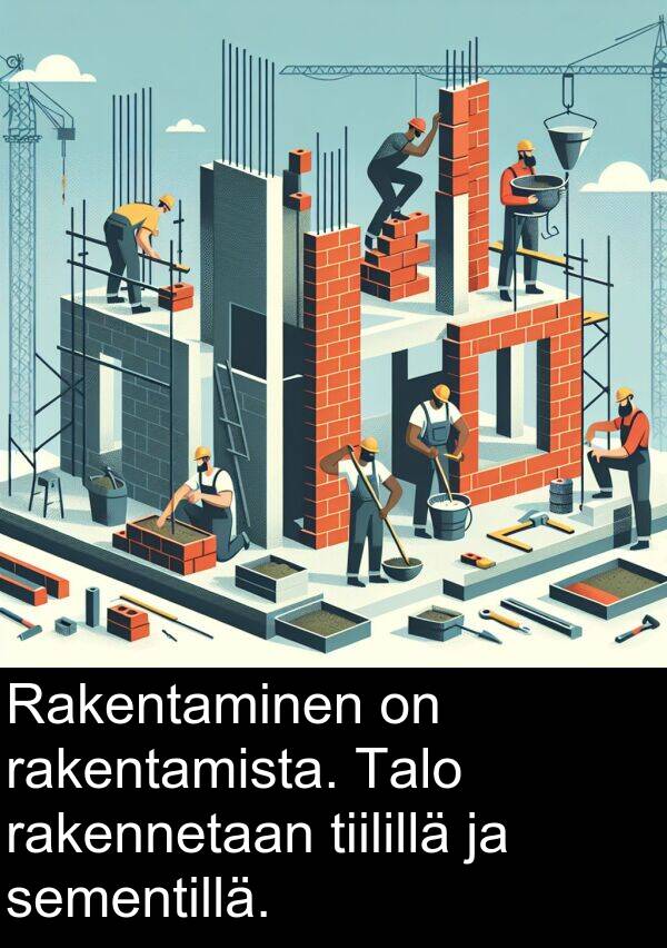 sementillä: Rakentaminen on rakentamista. Talo rakennetaan tiilillä ja sementillä.