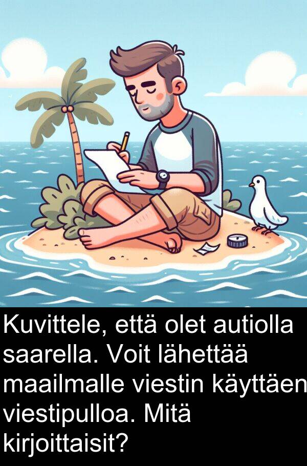 maailmalle: Kuvittele, että olet autiolla saarella. Voit lähettää maailmalle viestin käyttäen viestipulloa. Mitä kirjoittaisit?