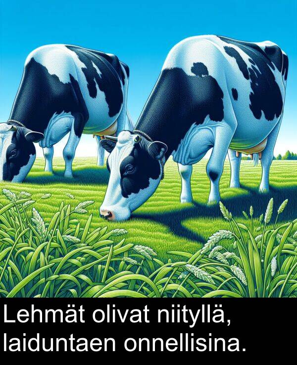 onnellisina: Lehmät olivat niityllä, laiduntaen onnellisina.