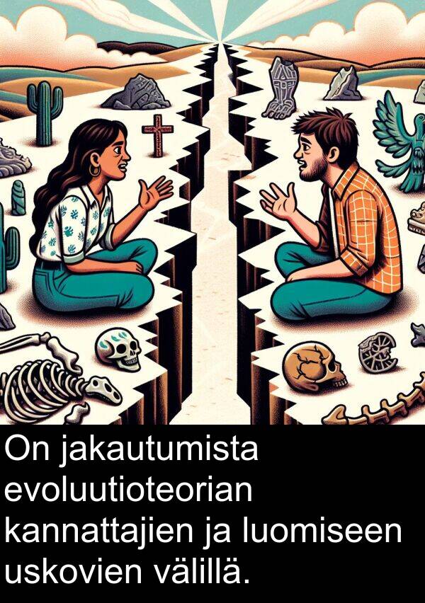 välillä: On jakautumista evoluutioteorian kannattajien ja luomiseen uskovien välillä.