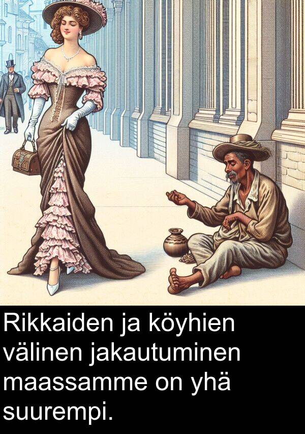 suurempi: Rikkaiden ja köyhien välinen jakautuminen maassamme on yhä suurempi.