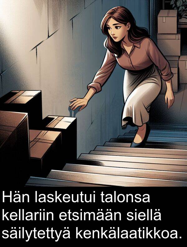 talonsa: Hän laskeutui talonsa kellariin etsimään siellä säilytettyä kenkälaatikkoa.