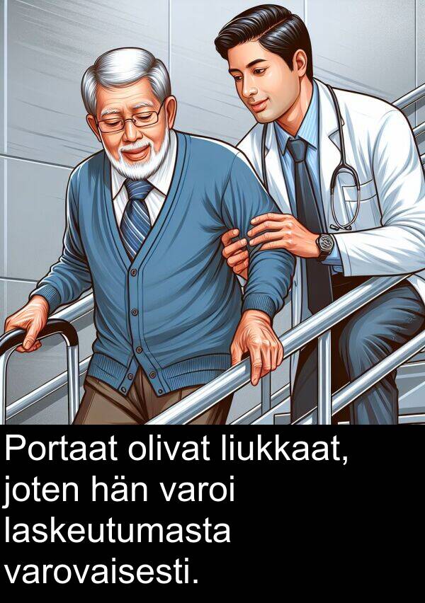 olivat: Portaat olivat liukkaat, joten hän varoi laskeutumasta varovaisesti.