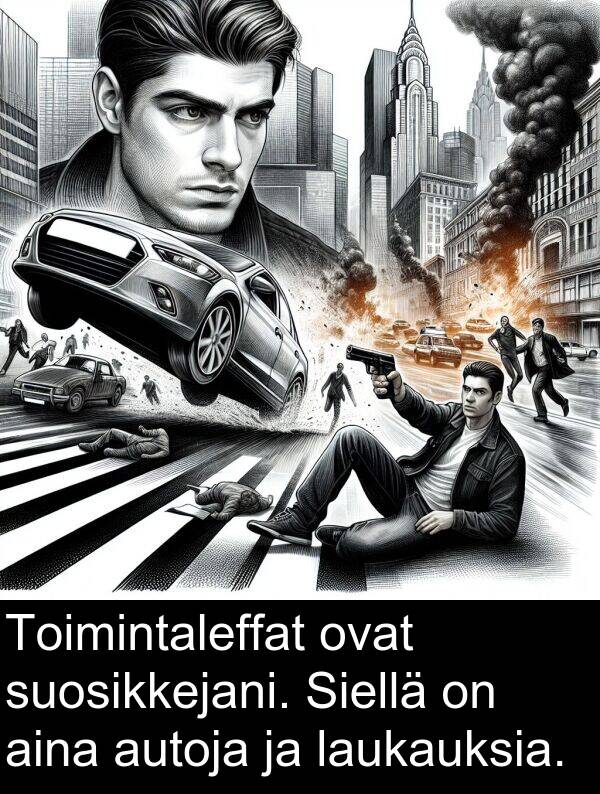 suosikkejani: Toimintaleffat ovat suosikkejani. Siellä on aina autoja ja laukauksia.