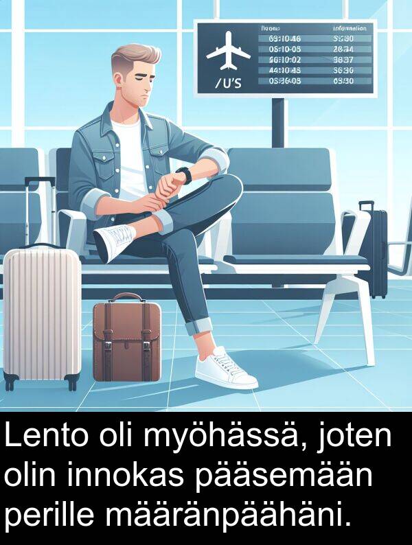 myöhässä: Lento oli myöhässä, joten olin innokas pääsemään perille määränpäähäni.
