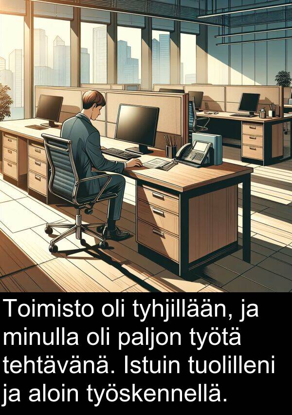 tehtävänä: Toimisto oli tyhjillään, ja minulla oli paljon työtä tehtävänä. Istuin tuolilleni ja aloin työskennellä.